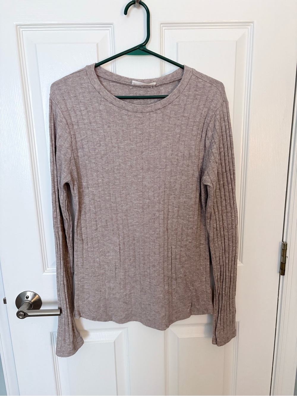 Zenana Ribbed Long Sleeve Round neck Women's Top, size large taupe